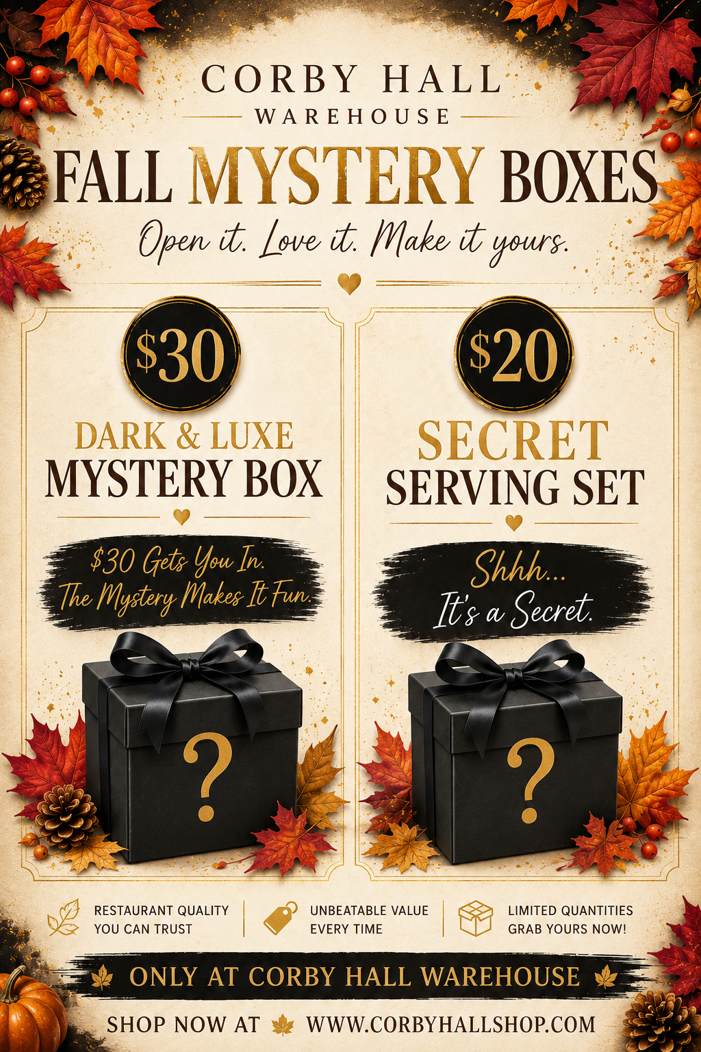 Corby Hall Warehouse Fall Mystery Boxes — Dark & Luxe Mystery Box and Secret Serving Set.